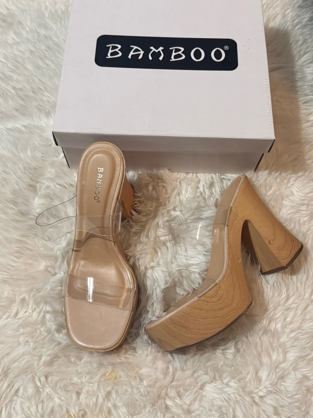 BAMBOO Clear Strap Platform Heels with Nude Footbed